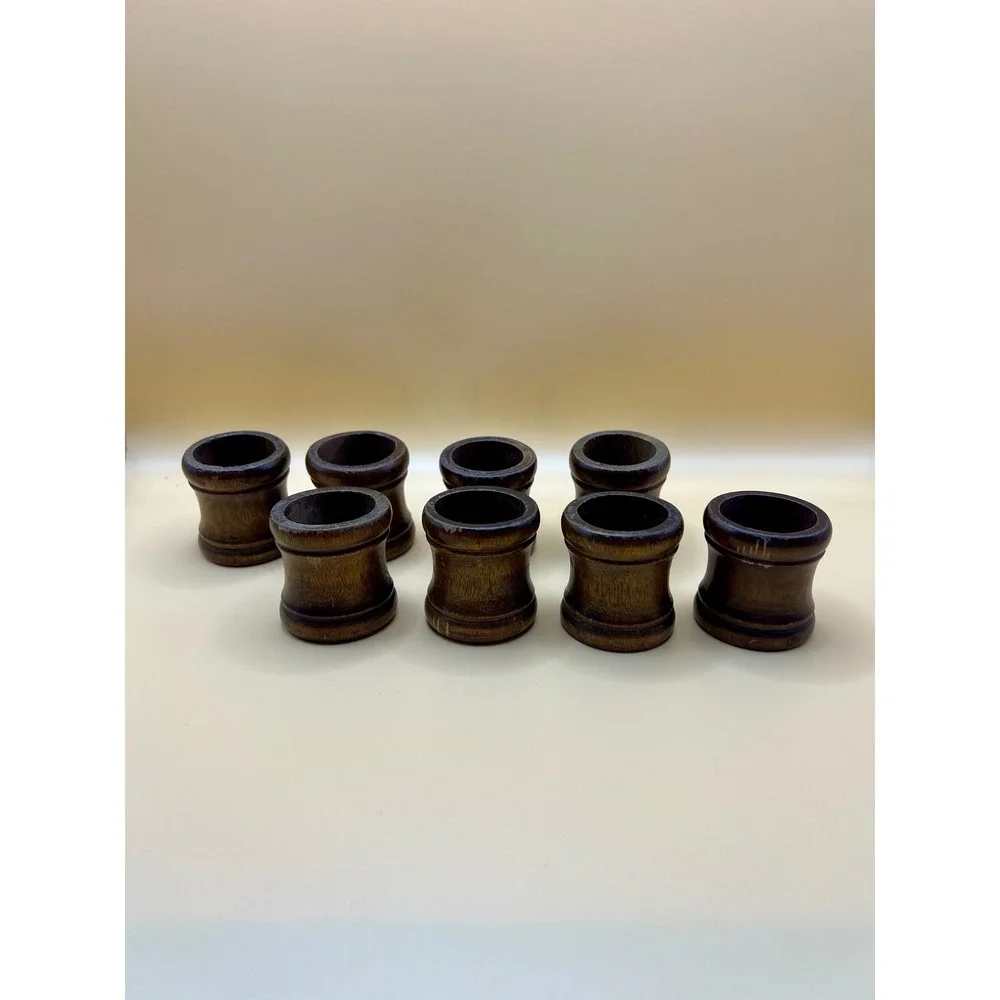 Vintage Dark Wood Napkin Rings Set of 8 Spool Hourglass Shape Brown Rustic Decor